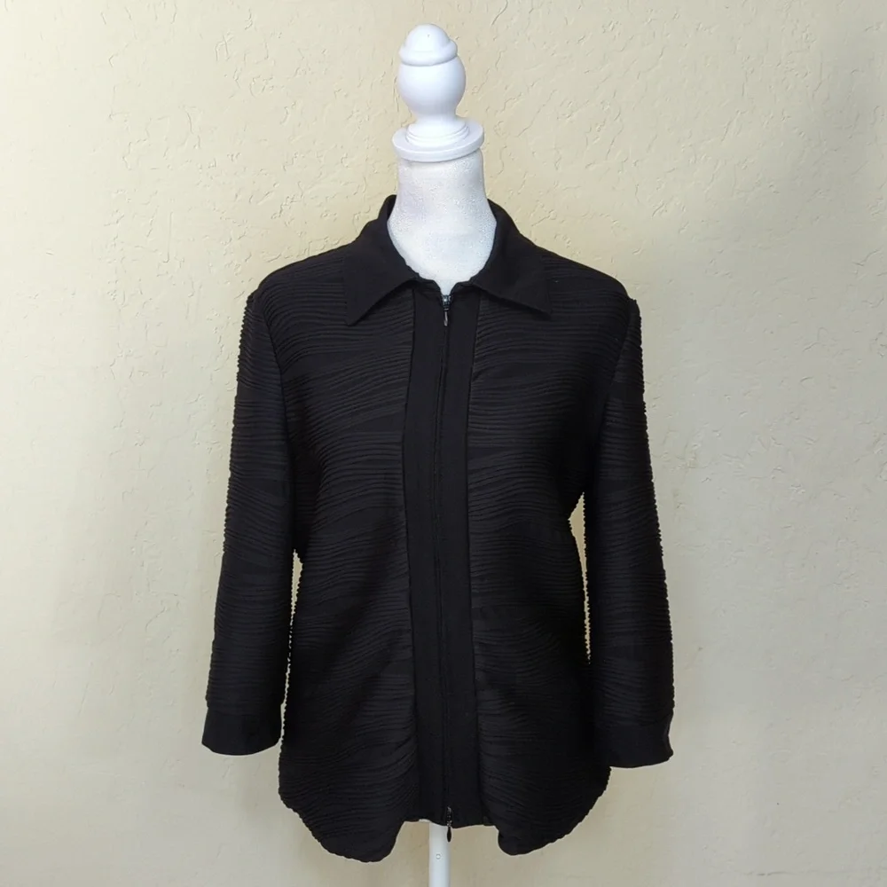 Joseph Ribkoff Vintage Black Textured Front Zip 3/4 Sleeve Blazer Size 12